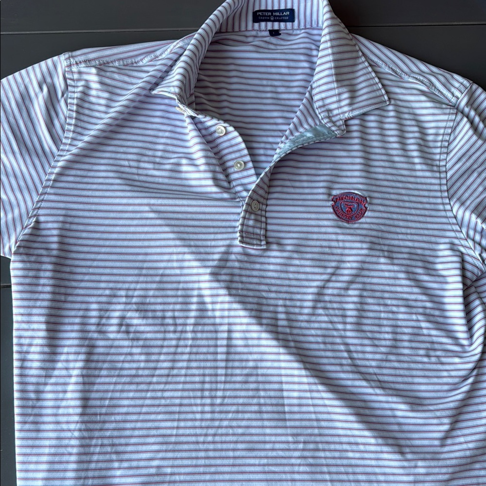 Peter Millar Men's Polo Shirt - White and Pink Stripes Medinah Logo